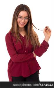 Young woman with glasses posing isolated over white