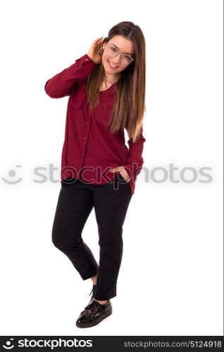 Young woman with glasses posing isolated over white