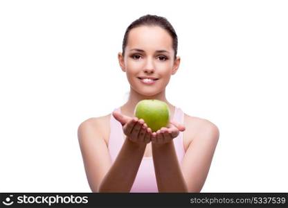 Young woman with green apple isolated on white