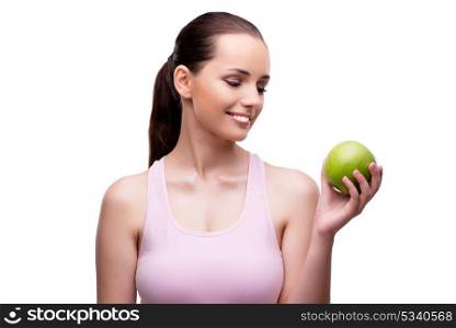 Young woman with green apple isolated on white