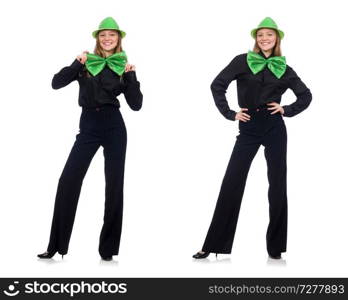 Young woman with green giant bow-tie 