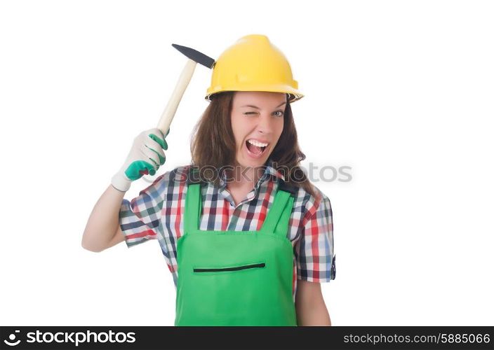 Young woman with hammer on white