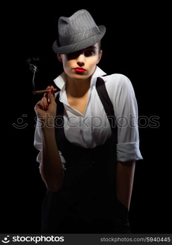 Young woman with hat and cigar isolated