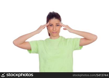 Young woman with head ache isolated on white background