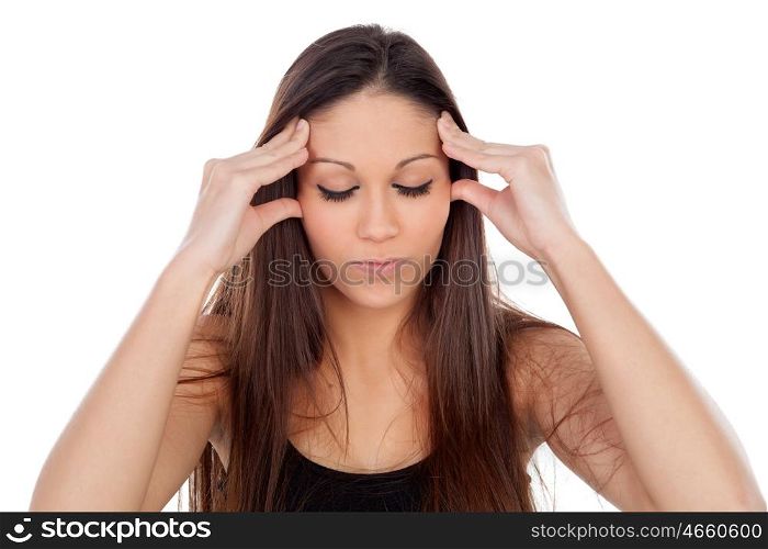 Young woman with headache isolated on a white background