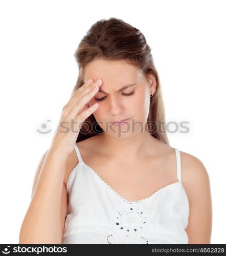 Young woman with headache isolated on a white background