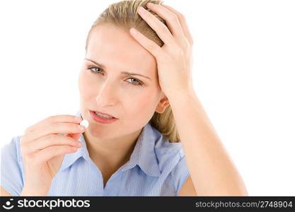 Young woman with headache, migraine on white background