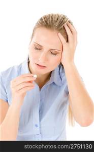 Young woman with headache, migraine on white background