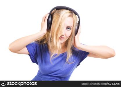 young woman with headphones isolated on white background