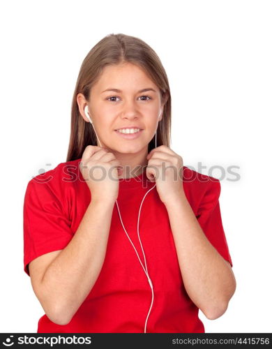 Young Woman with Headphones listening music isolated on white background