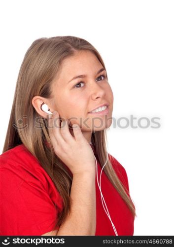 Young Woman with Headphones listening music isolated on white background