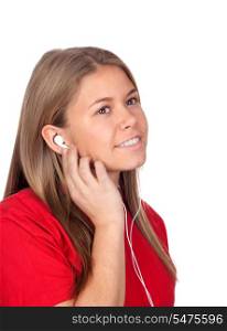 Young Woman with Headphones listening music isolated on white background