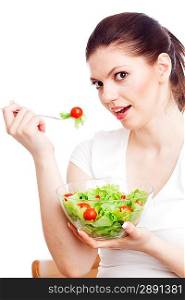Young woman with healthy salad. Isolated over white.