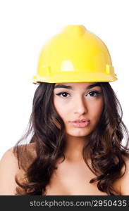 Young woman with hellow hard hat on white