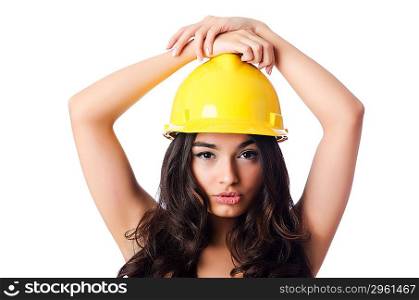 Young woman with hellow hard hat on white