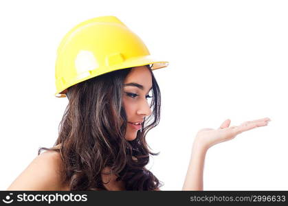 Young woman with hellow hard hat on white