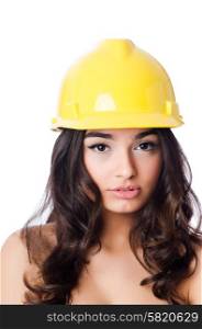 Young woman with hellow hard hat on white