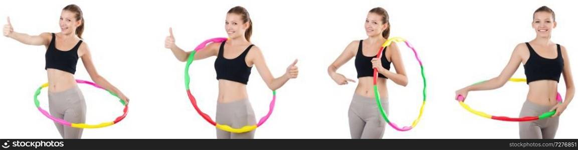 Young woman with hula hoop isolated on white 