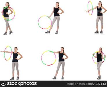 Young woman with hula hoop isolated on white 