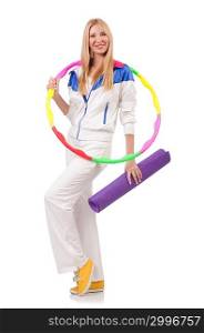 Young woman with hula hoop on white