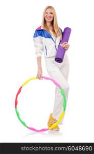 Young woman with hula hoop on white