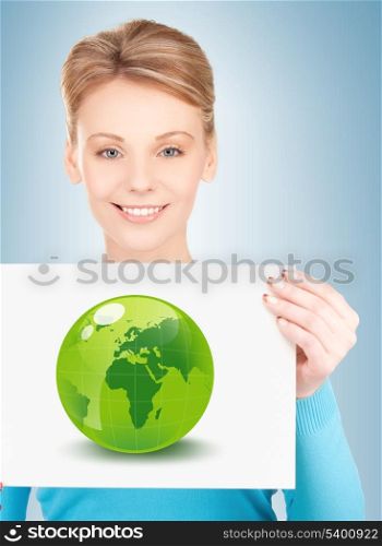 young woman with illustration of green eco globe