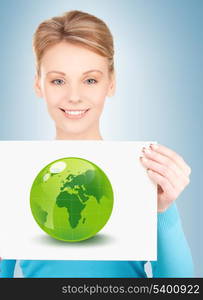 young woman with illustration of green eco globe