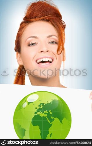 young woman with illustration of green eco globe
