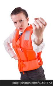Young woman with life vest on white