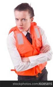 Young woman with life vest on white