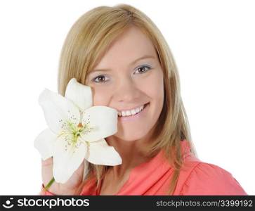 Young woman with lily in her hand. Isolated on white background