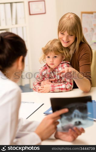 Young woman with little daughter having consultation at pediatrician office