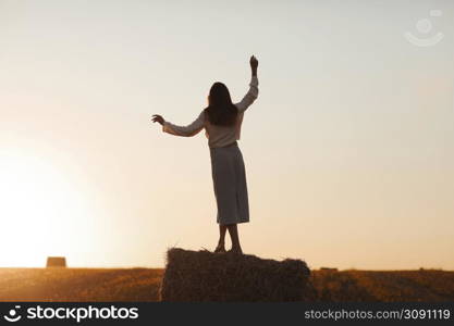 Young woman with long hair is standing and having fun on straw bale in field in summer on sunset. Female portrait in natural rural scene. Environmental eco tourism concept. Young woman with long hair is standing and having fun on straw bale in field in summer on sunset. Female portrait in natural rural scene. Environmental eco tourism concept.