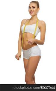 Young woman with measurement tape isolated
