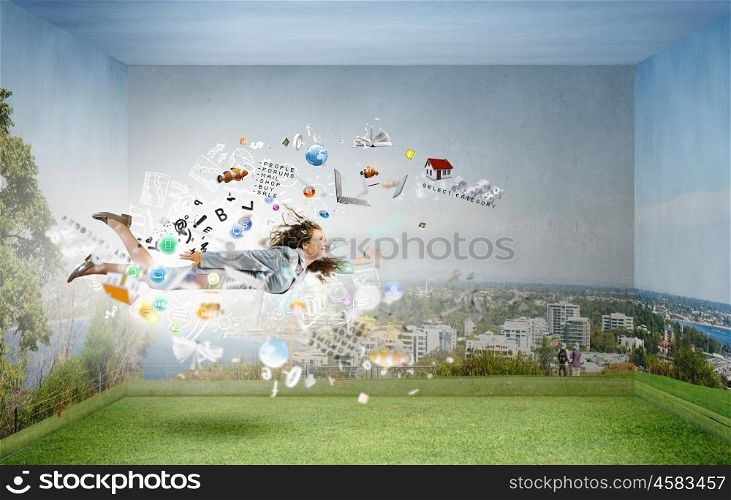 Young woman with megaphone flying in sky and announcing something