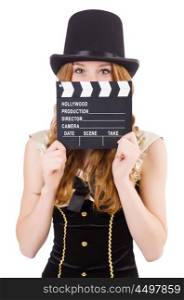 Young woman with movie board on white