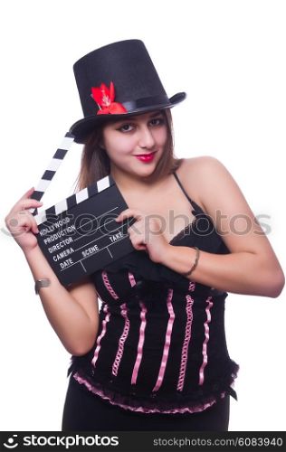 Young woman with movie board on white