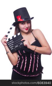 Young woman with movie board on white