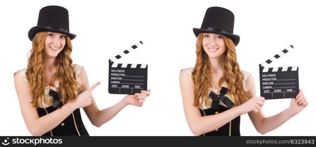 Young woman with movie board on white