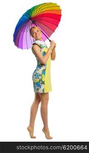 Young woman with multicolor umbrella isolated