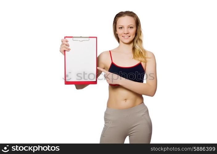 Young woman with notepad on white