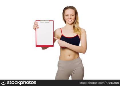 Young woman with notepad on white