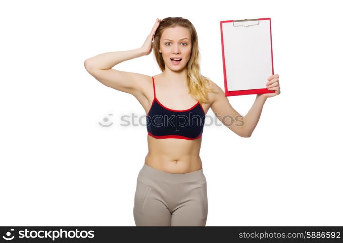 Young woman with notepad on white