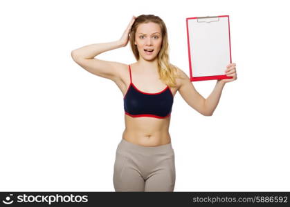 Young woman with notepad on white