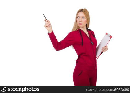 Young woman with notepad on white