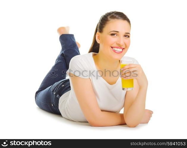 Young woman with orange juice isolated