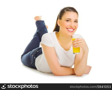 Young woman with orange juice isolated