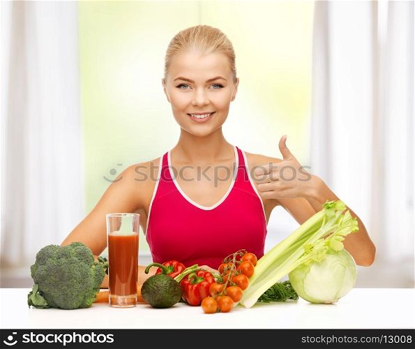 young woman with organic food showing thumbs up
