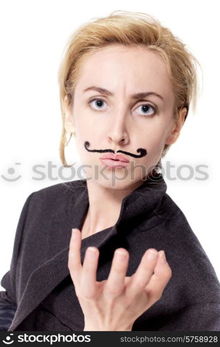 young woman with painted mustache wearing jacket