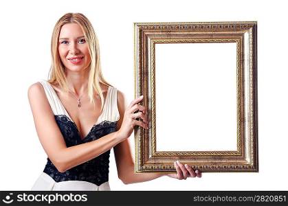 Young woman with picture frame on white